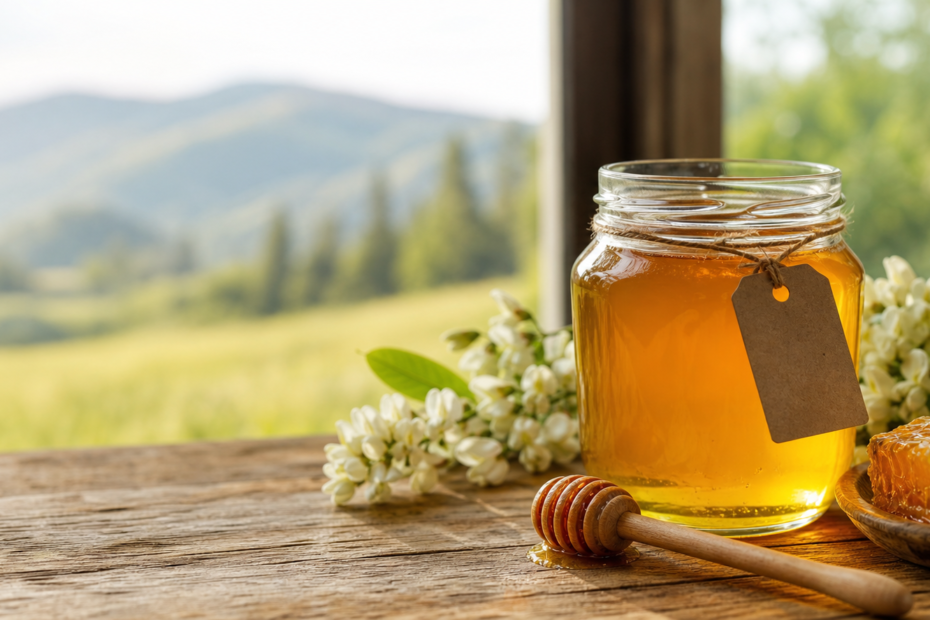 Jar of golden raw honey with a provenance tag, acacia blossom and Carpathian landscape