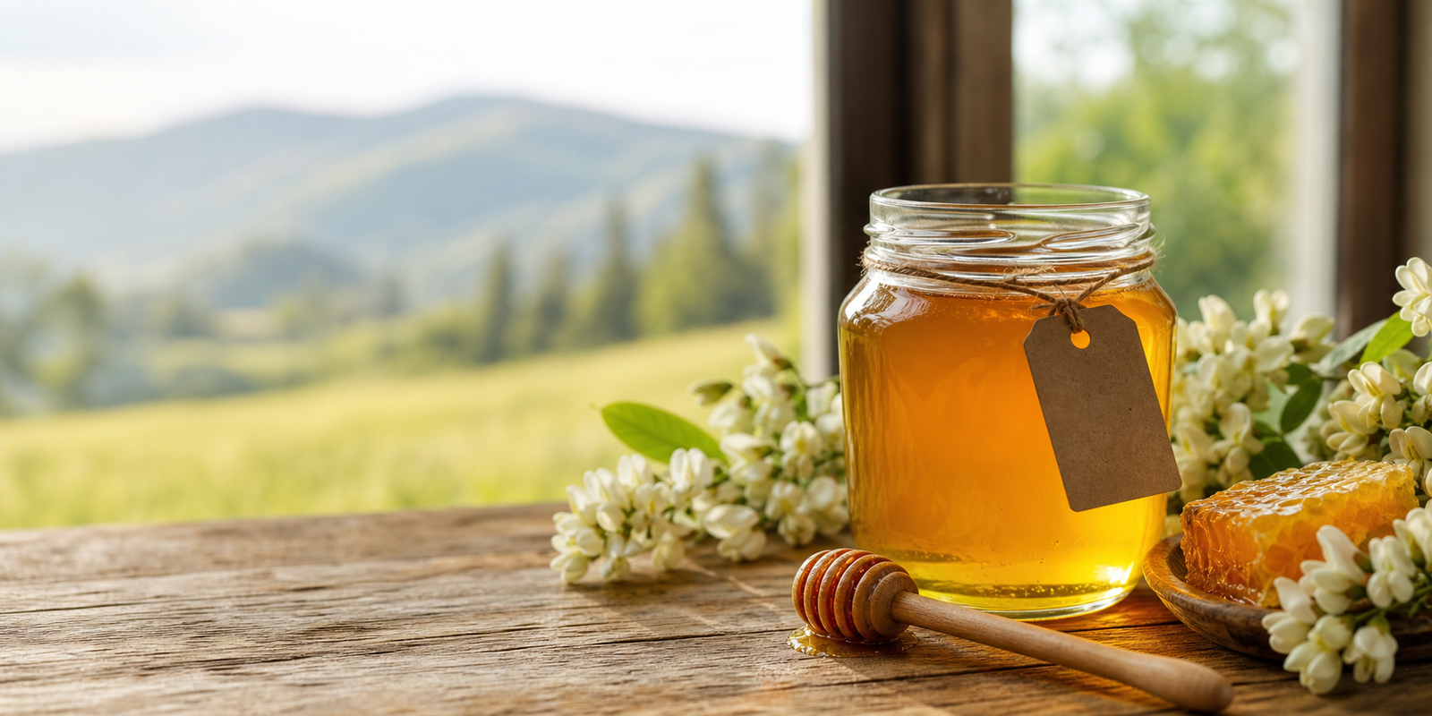 Raw honey jar with provenance tag