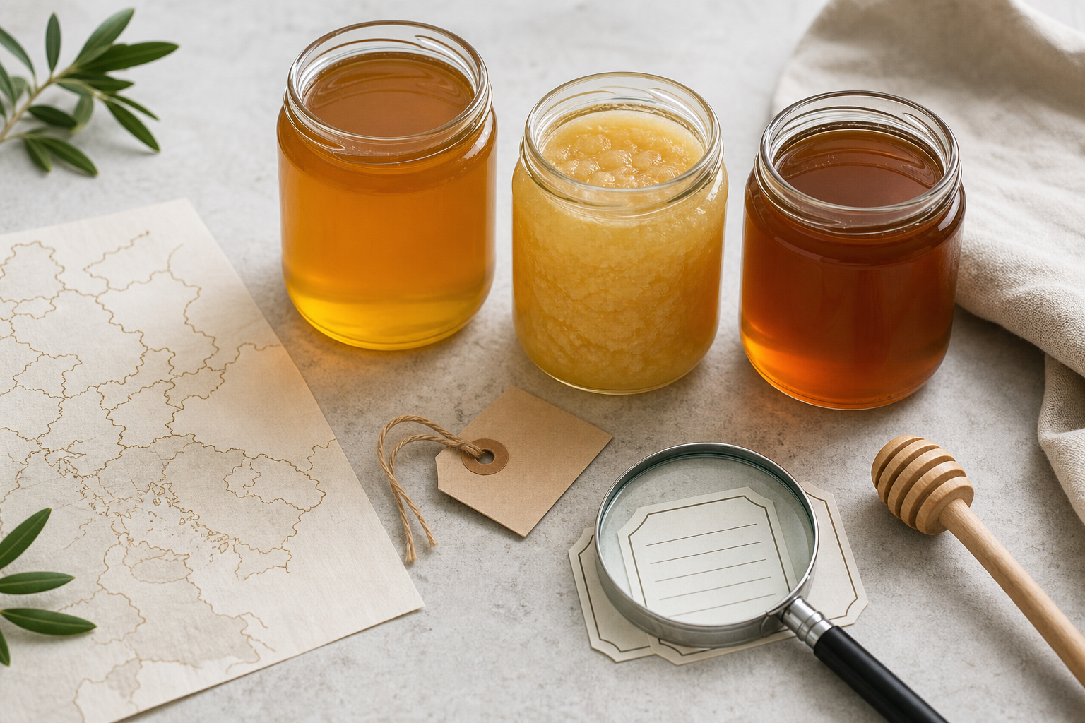 Three honey jars showing different colours and natural crystallisation beside provenance labels